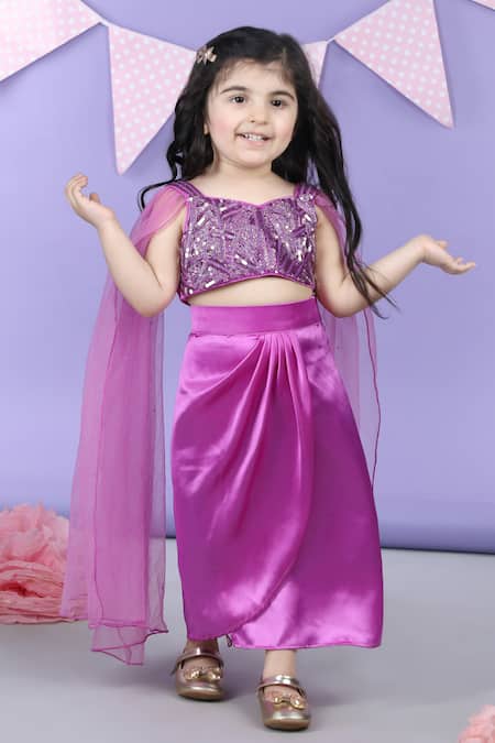The Little Celebs_Purple Satin, Crepe Sequins, Beads Embroidered Top And Dhoti Skirt Set _Online_at_Aza_Fashions