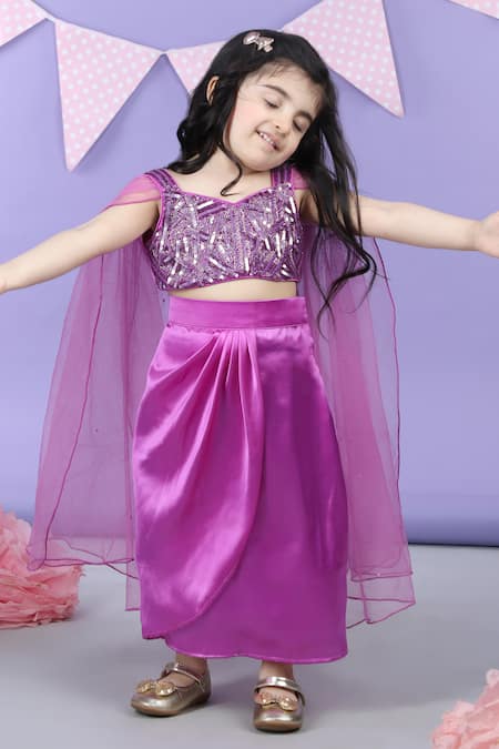 Buy_The Little Celebs_Purple Satin, Crepe Sequins, Beads Embroidered Top And Dhoti Skirt Set _Online_at_Aza_Fashions