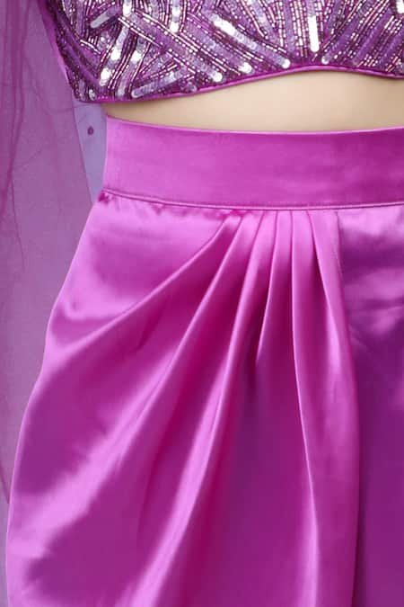 Shop_The Little Celebs_Purple Satin, Crepe Sequins, Beads Embroidered Top And Dhoti Skirt Set _Online_at_Aza_Fashions