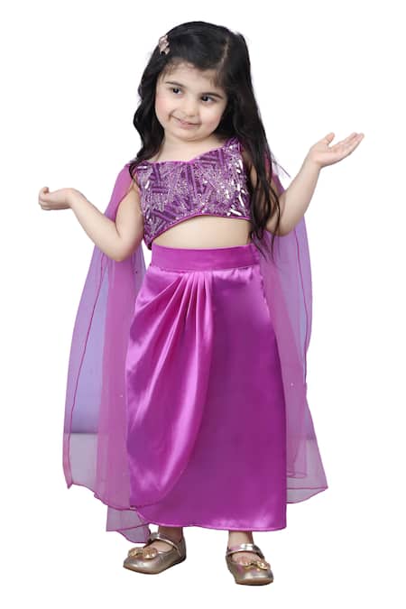 The Little Celebs_Purple Satin, Crepe Sequins, Beads Embroidered Top And Dhoti Skirt Set _at_Aza_Fashions