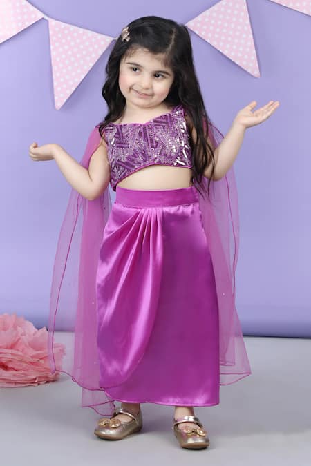 Buy_The Little Celebs_Purple Satin, Crepe Sequins, Beads Embroidered Top And Dhoti Skirt Set 