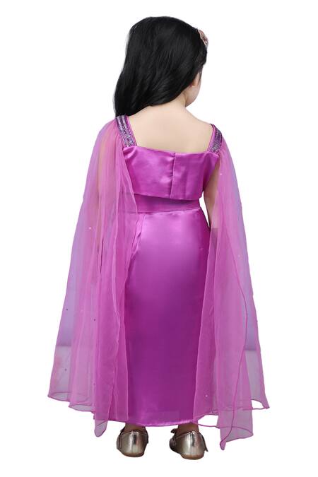 Shop_The Little Celebs_Purple Satin, Crepe Sequins, Beads Embroidered Top And Dhoti Skirt Set 