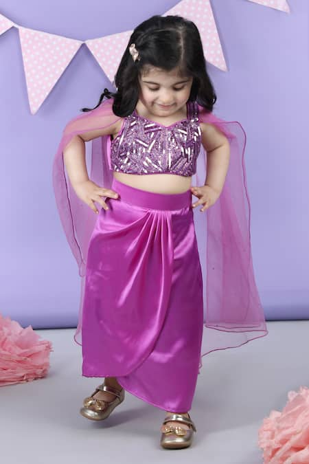 The little celebs Purple Satin Embroidered Sequins Top And Dhoti Skirt Set 