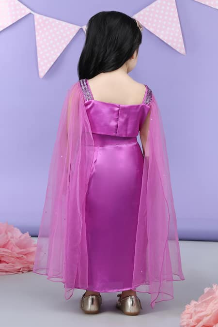 Shop_The Little Celebs_Purple Satin, Crepe Sequins, Beads Embroidered Top And Dhoti Skirt Set _at_Aza_Fashions