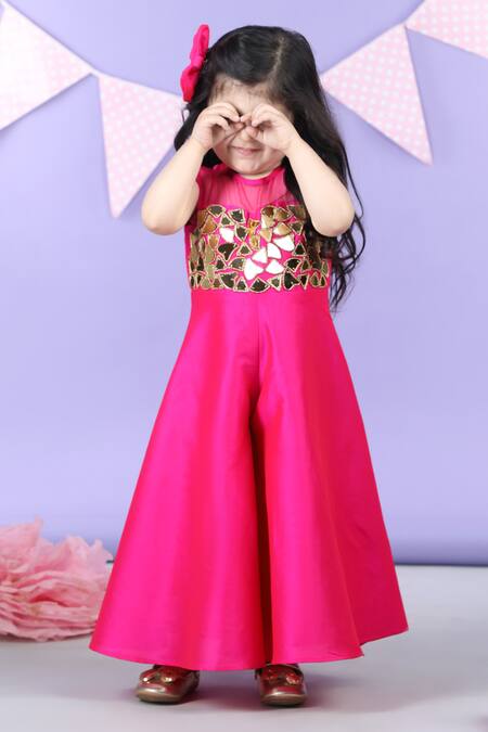 The Little Celebs_Pink Silk, Crepe Beads, Mirrors Yoke Embellished Jumpsuit _Online_at_Aza_Fashions
