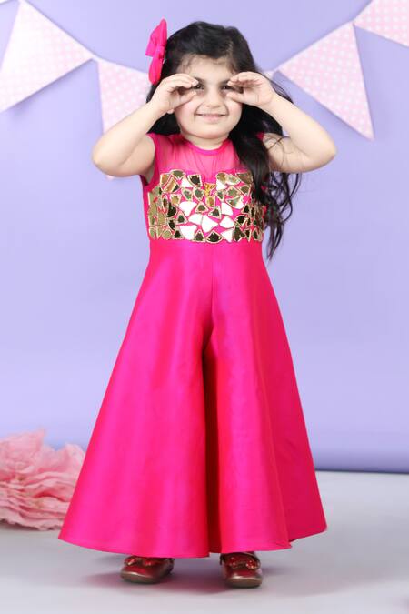 Buy_The Little Celebs_Pink Silk, Crepe Beads, Mirrors Yoke Embellished Jumpsuit _Online_at_Aza_Fashions