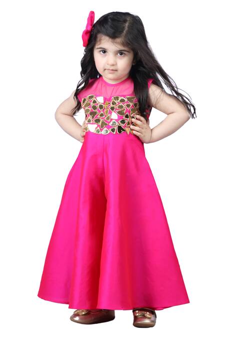 The Little Celebs Pink Silk, Crepe Beads, Mirrors Yoke Embellished Jumpsuit at Aza Fashions The Little Celebs_Pink Silk, Crepe Beads, Mirrors Yoke Embellished Jumpsuit _at_Aza_Fashions