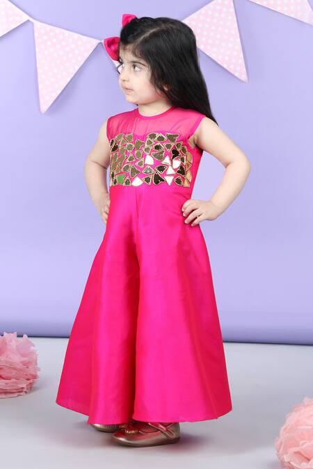 Shop_The Little Celebs_Pink Silk, Crepe Beads, Mirrors Yoke Embellished Jumpsuit 