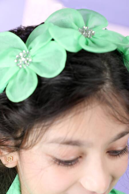 The Little Celebs_Green Crepe, Satin Mint Ruffled Sleeve Coat Dress _Online_at_Aza_Fashions