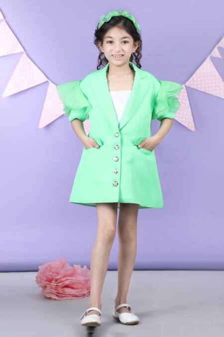 Shop_The Little Celebs_Green Crepe, Satin Mint Ruffled Sleeve Coat Dress _Online_at_Aza_Fashions