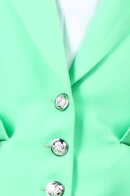 The Little Celebs_Green Crepe, Satin Mint Ruffled Sleeve Coat Dress _at_Aza_Fashions