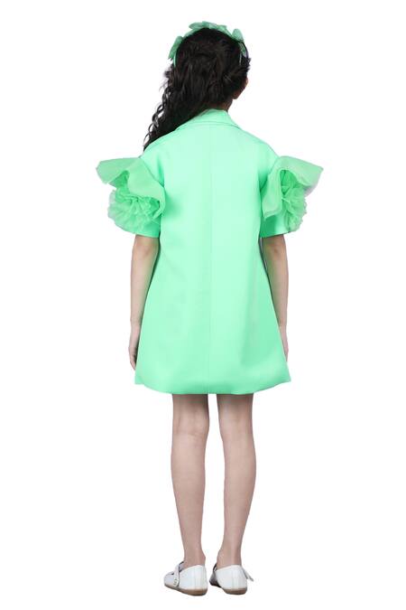 Shop_The Little Celebs_Green Crepe, Satin Mint Ruffled Sleeve Coat Dress 