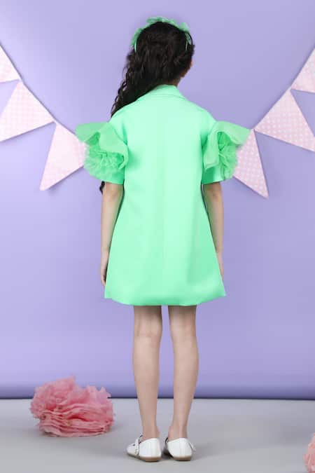 Shop_The Little Celebs_Green Crepe, Satin Mint Ruffled Sleeve Coat Dress _at_Aza_Fashions