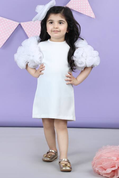 Shop_The Little Celebs_White Crepe Embellished Round Neck Straight Dress _Online_at_Aza_Fashions