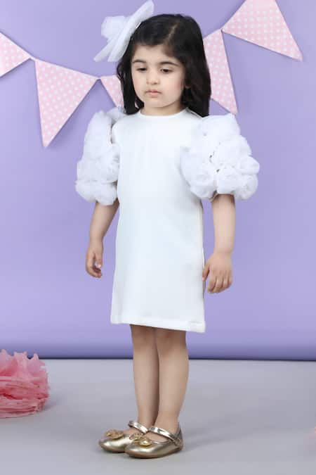 The Little Celebs_White Crepe Embellished Round Neck Straight Dress _at_Aza_Fashions