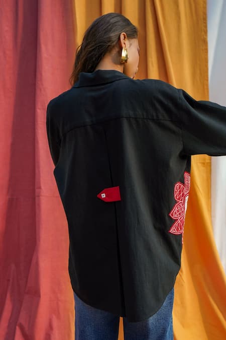 Shop Jodi Black Handloom Cotton Embroidery Collared Kokum Bloom Applique Shirt at Aza Fashions Shop_Jodi_Black Handloom Cotton Embroidery Collared Kokum Bloom Applique Shirt _at_Aza_Fashions