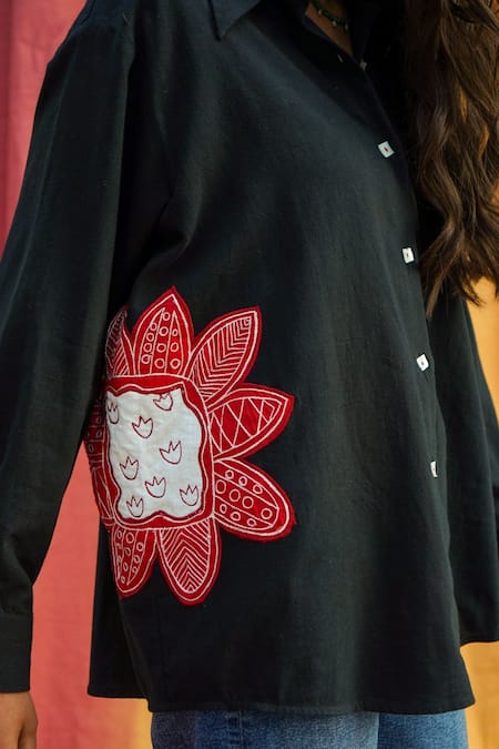 Jodi Black Handloom Cotton Embroidery Collared Kokum Bloom Applique Shirt Online at Aza Fashions Jodi_Black Handloom Cotton Embroidery Collared Kokum Bloom Applique Shirt _Online_at_Aza_Fashions