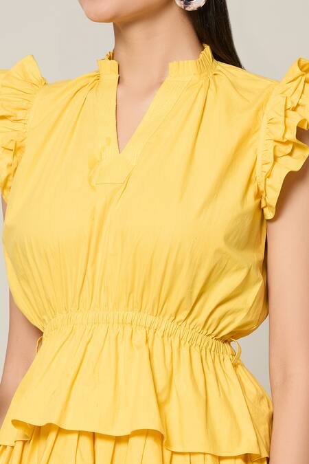 Buy Naintara Bajaj Yellow Cotton V-neck Amalfi Solid Layered Short Dress Online at Aza Fashions Buy_Naintara Bajaj_Yellow Cotton V-neck Amalfi Solid Layered Short Dress _Online_at_Aza_Fashions