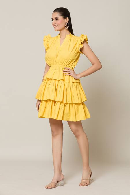 Shop Naintara Bajaj Yellow Cotton V-neck Amalfi Solid Layered Short Dress Online at Aza Fashions Shop_Naintara Bajaj_Yellow Cotton V-neck Amalfi Solid Layered Short Dress _Online_at_Aza_Fashions