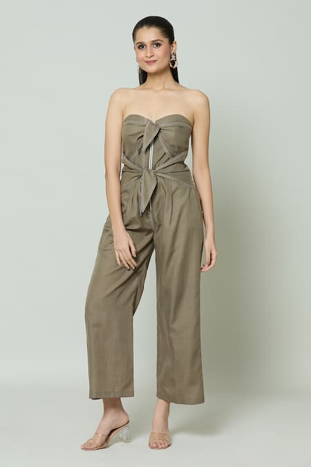 Naintara Bajaj Brown Cotton Thread Sweetheart Duo Braided Straight Jumpsuit