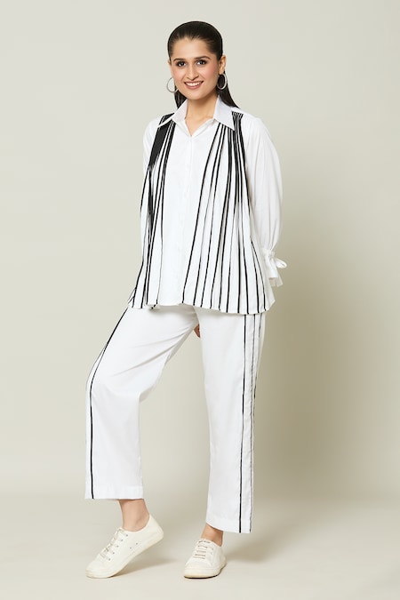 Naintara Bajaj White Cotton Stripe Monochrome Captain Contrast Detailed Shirt With Pant