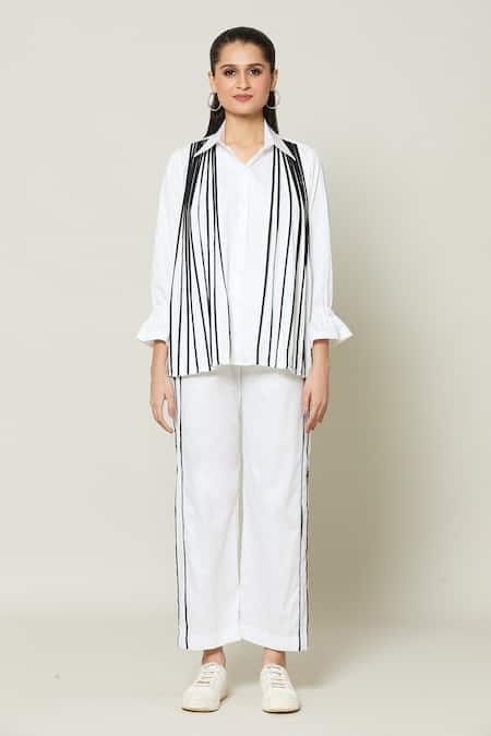 Naintara Bajaj White Cotton Monochrome Captain Contrast Stripe Detailed Shirt With Pant Online at Aza Fashions Naintara Bajaj_White Cotton Monochrome Captain Contrast Stripe Detailed Shirt With Pant _Online_at_Aza_Fashions
