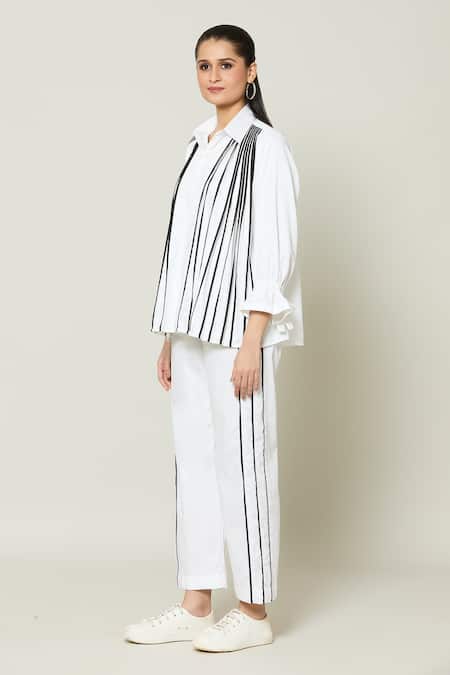 Buy Naintara Bajaj White Cotton Monochrome Captain Contrast Stripe Detailed Shirt With Pant Online at Aza Fashions Buy_Naintara Bajaj_White Cotton Monochrome Captain Contrast Stripe Detailed Shirt With Pant _Online_at_Aza_Fashions