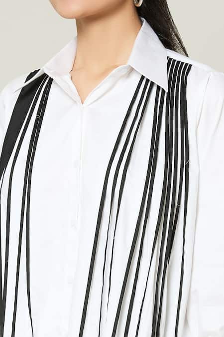 Naintara Bajaj White Cotton Monochrome Captain Contrast Stripe Detailed Shirt With Pant at Aza Fashions Naintara Bajaj_White Cotton Monochrome Captain Contrast Stripe Detailed Shirt With Pant _at_Aza_Fashions