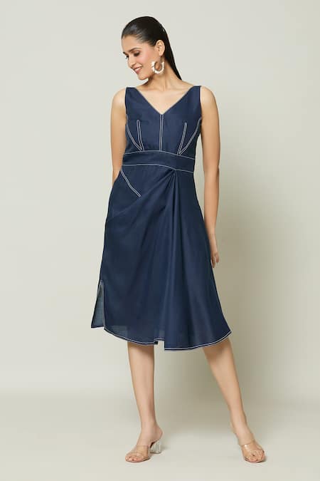 Samyukta Singhania Blue Cotton Embroidery V-neck Moulin Rouge Drape Short Dress 