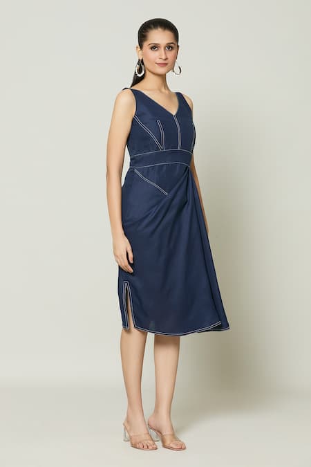 Naintara Bajaj Blue Cotton Embroidery V-neck Moulin Rouge Drape Short Dress Online at Aza Fashions Naintara Bajaj_Blue Cotton Embroidery V-neck Moulin Rouge Drape Short Dress _Online_at_Aza_Fashions