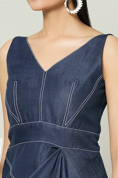 Buy Naintara Bajaj Blue Cotton Embroidery V-neck Moulin Rouge Drape Short Dress Online at Aza Fashions Buy_Naintara Bajaj_Blue Cotton Embroidery V-neck Moulin Rouge Drape Short Dress _Online_at_Aza_Fashions