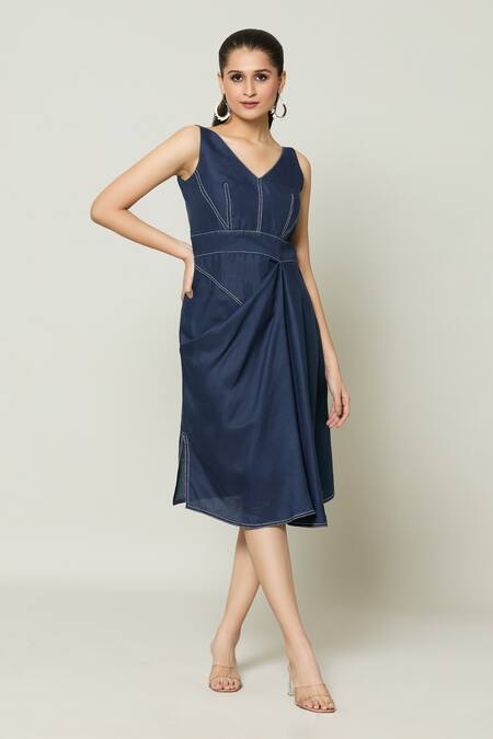 Shop Naintara Bajaj Blue Cotton Embroidery V-neck Moulin Rouge Drape Short Dress Online at Aza Fashions Shop_Naintara Bajaj_Blue Cotton Embroidery V-neck Moulin Rouge Drape Short Dress _Online_at_Aza_Fashions