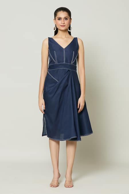 Naintara Bajaj Blue Cotton Embroidery V-neck Moulin Rouge Drape Short Dress at Aza Fashions Naintara Bajaj_Blue Cotton Embroidery V-neck Moulin Rouge Drape Short Dress _at_Aza_Fashions