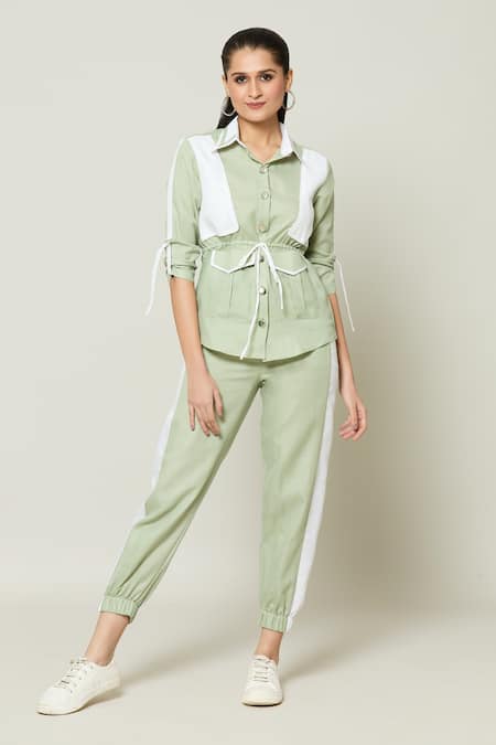 Naintara Bajaj Green Cotton Collared Contrast Pannel Shirt With Pant