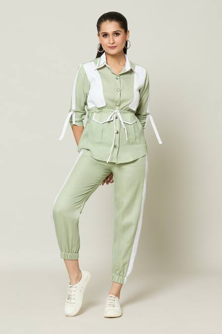 Buy_Naintara Bajaj_Green Cotton Collared Contrast Pannel Shirt With Pant _Online_at_Aza_Fashions
