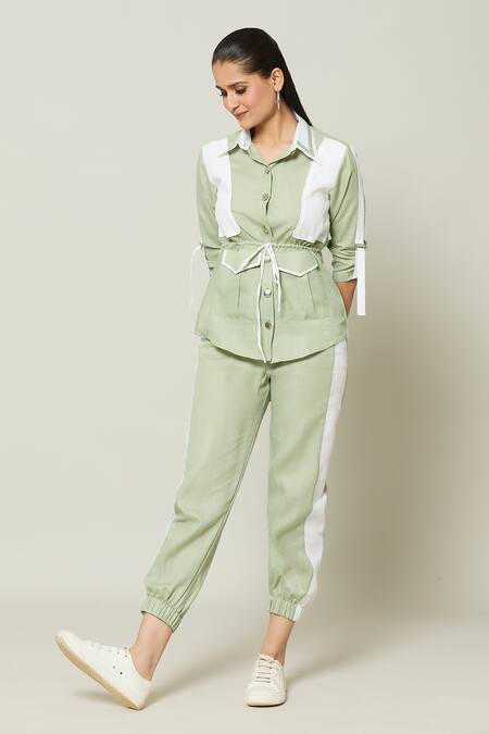 Shop_Naintara Bajaj_Green Cotton Collared Contrast Pannel Shirt With Pant _Online_at_Aza_Fashions