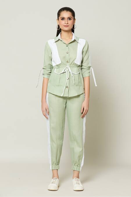 Naintara Bajaj_Green Cotton Collared Contrast Pannel Shirt With Pant _at_Aza_Fashions