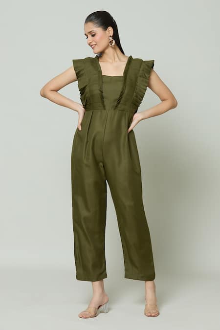 Buy Naintara Bajaj Green Cotton Square Neck Palm Spring Pleat Detailed Jumpsuit Online at Aza Fashions Buy_Naintara Bajaj_Green Cotton Square Neck Palm Spring Pleat Detailed Jumpsuit _Online_at_Aza_Fashions