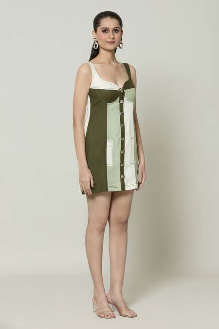 Naintara Bajaj_Green Cotton Sweetheart Neck Color Block Short Dress _Online_at_Aza_Fashions
