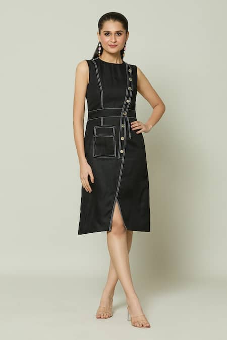 Naintara Bajaj Black Cotton High Neck Midnight Armour Front Slit Midi Dress Online at Aza Fashions Naintara Bajaj_Black Cotton High Neck Midnight Armour Front Slit Midi Dress _Online_at_Aza_Fashions