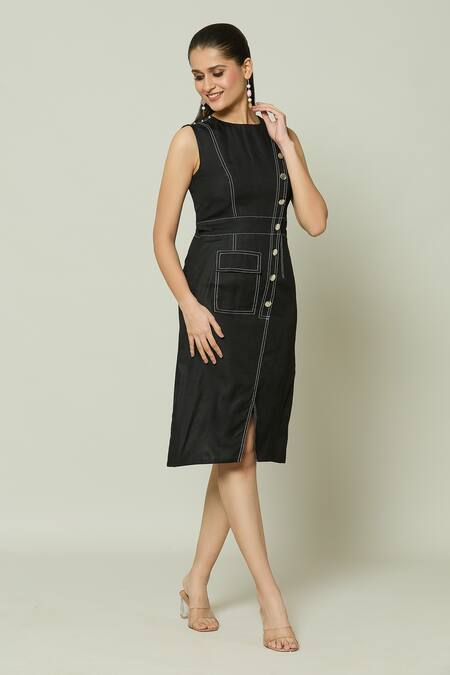 Buy Naintara Bajaj Black Cotton High Neck Midnight Armour Front Slit Midi Dress Online at Aza Fashions Buy_Naintara Bajaj_Black Cotton High Neck Midnight Armour Front Slit Midi Dress _Online_at_Aza_Fashions