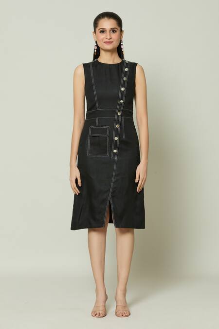 Naintara Bajaj Black Cotton High Neck Midnight Armour Front Slit Midi Dress at Aza Fashions Naintara Bajaj_Black Cotton High Neck Midnight Armour Front Slit Midi Dress _at_Aza_Fashions