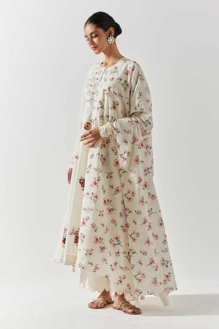 Label Earthen_Ivory Cotton Embroidery, Mirrors Round Neck Floral Anarkali Pant Set _Online_at_Aza_Fashions