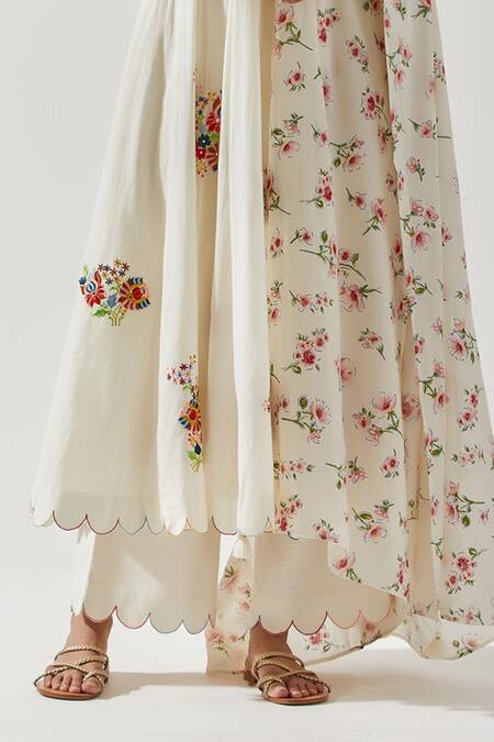 Buy_Label Earthen_Ivory Cotton Embroidery, Mirrors Round Neck Floral Anarkali Pant Set _Online_at_Aza_Fashions