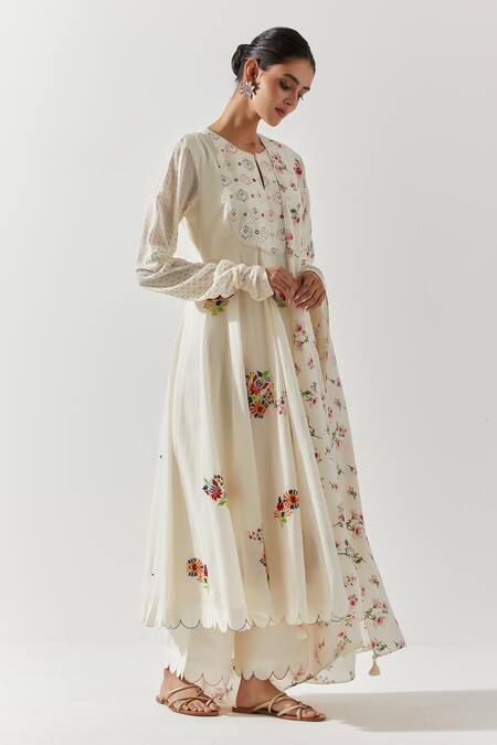 Shop_Label Earthen_Ivory Cotton Embroidery, Mirrors Round Neck Floral Anarkali Pant Set _Online_at_Aza_Fashions