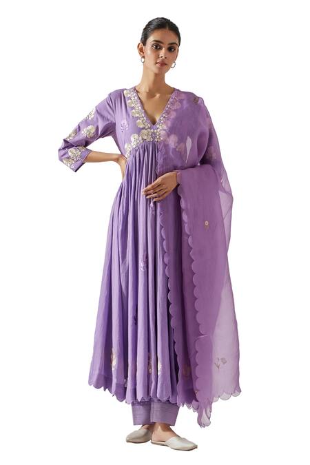 Label Earthen Purple Cotton, Chiffon Embroidery V-neck Floral Yoke Anarkali Pant Set Online at Aza Fashions Label Earthen_Purple Cotton, Chiffon Embroidery V-neck Floral Yoke Anarkali Pant Set _Online_at_Aza_Fashions