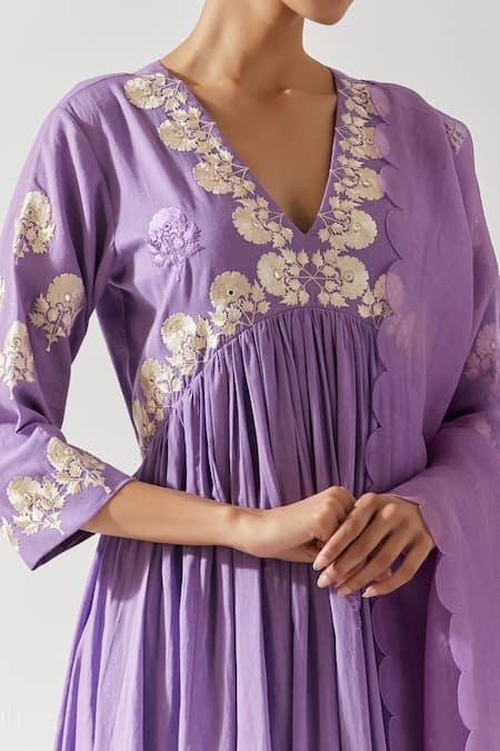 Shop Label Earthen Purple Cotton, Chiffon Embroidery V-neck Floral Yoke Anarkali Pant Set Online at Aza Fashions Shop_Label Earthen_Purple Cotton, Chiffon Embroidery V-neck Floral Yoke Anarkali Pant Set _Online_at_Aza_Fashions