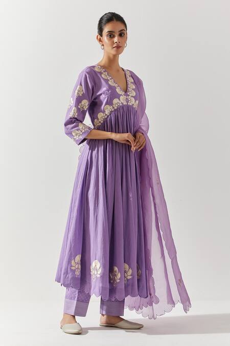Buy Label Earthen Purple Cotton, Chiffon Embroidery V-neck Floral Yoke Anarkali Pant Set Buy_Label Earthen_Purple Cotton, Chiffon Embroidery V-neck Floral Yoke Anarkali Pant Set
