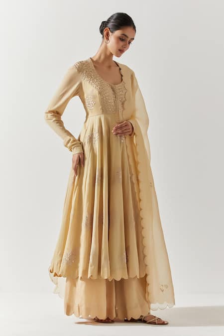 Label Earthen Beige , Satin Embroidery, Mirrors Floral Resham Anarkali Pant Set 