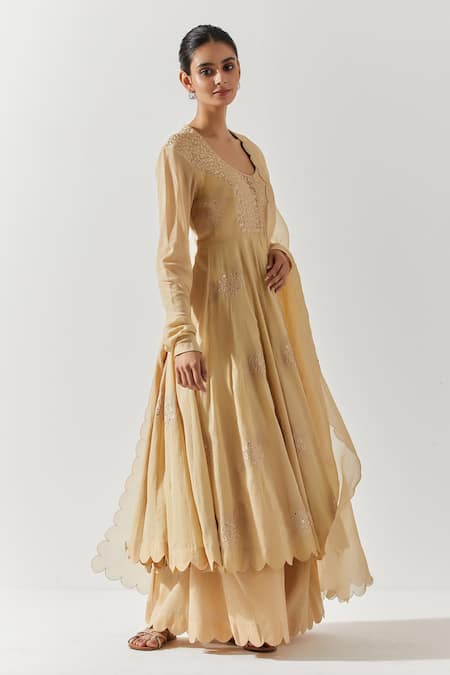 Label Earthen_Beige , Satin Embroidery, Mirrors Floral Resham Anarkali Pant Set _Online_at_Aza_Fashions